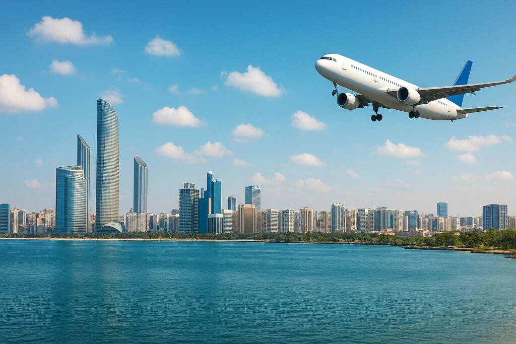 Cheap Sri Lanka Weekend Getaway from Abu Dhabi – Flights, Hotels & Travel Guide 2 Abu Dhabi skyline with airplane flying toward Colombo, Sri Lanka