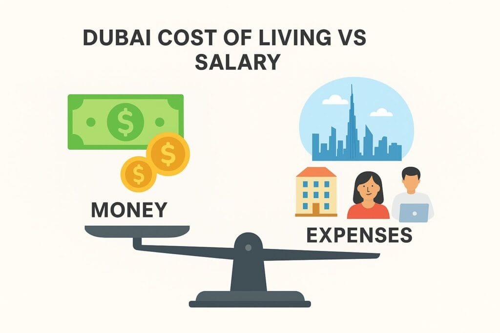Dubai Job Salaries in 2025 – What Expats Need to Know 2 Dubai Job Salaries in 2025, Dubai Cost of Living vs Salary – a balanced lifestyle photo showing money vs expenses in Dubai