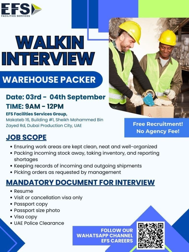 Walk-in Interview Opportunity in Dubai: Warehouse Packer Jobs at EFS Facilities Services Group 2 Walk-in interview Dubai September 2025
