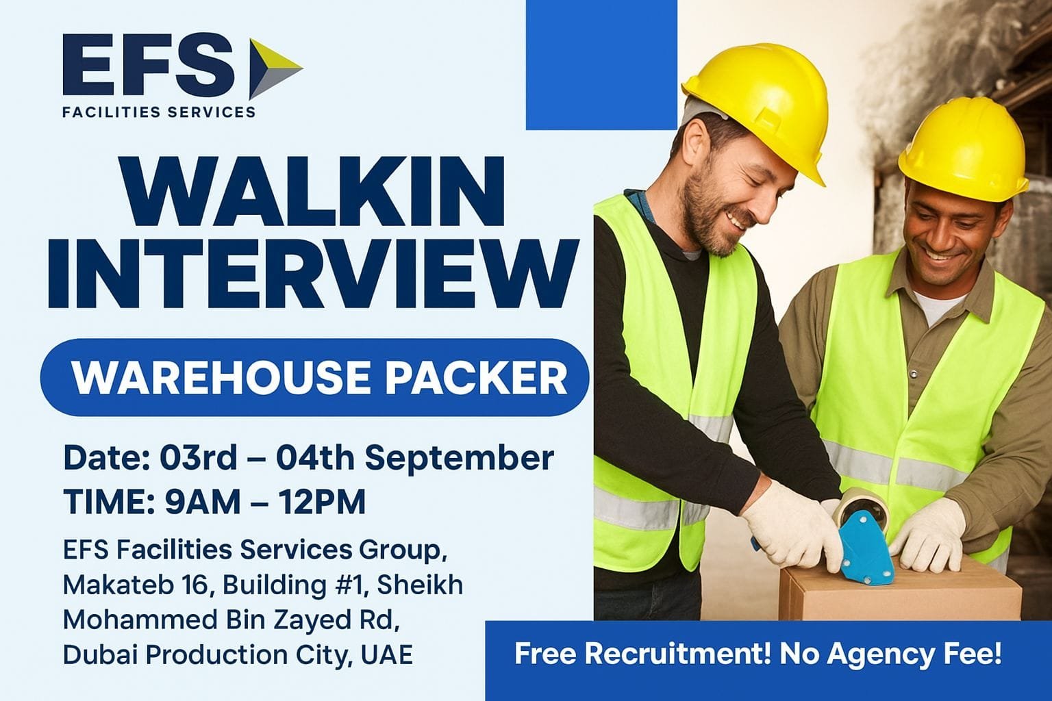 Walk-in Interview Opportunity in Dubai: Warehouse Packer Jobs at EFS Facilities Services Group 2 Walk-in Interview Opportunity in Dubai: Warehouse Packer Jobs at EFS Facilities Services Group