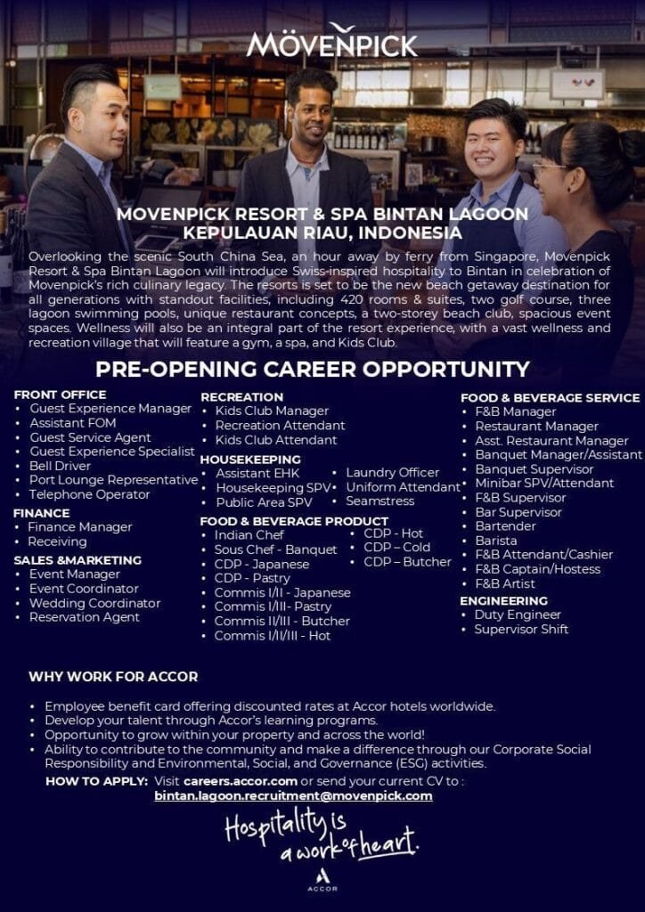 Job Openings at Mövenpick Resort & Spa Bintan Lagoon 2 Pre-Opening Career Opportunities at Mövenpick Resort & Spa Bintan Lagoon, Indonesia