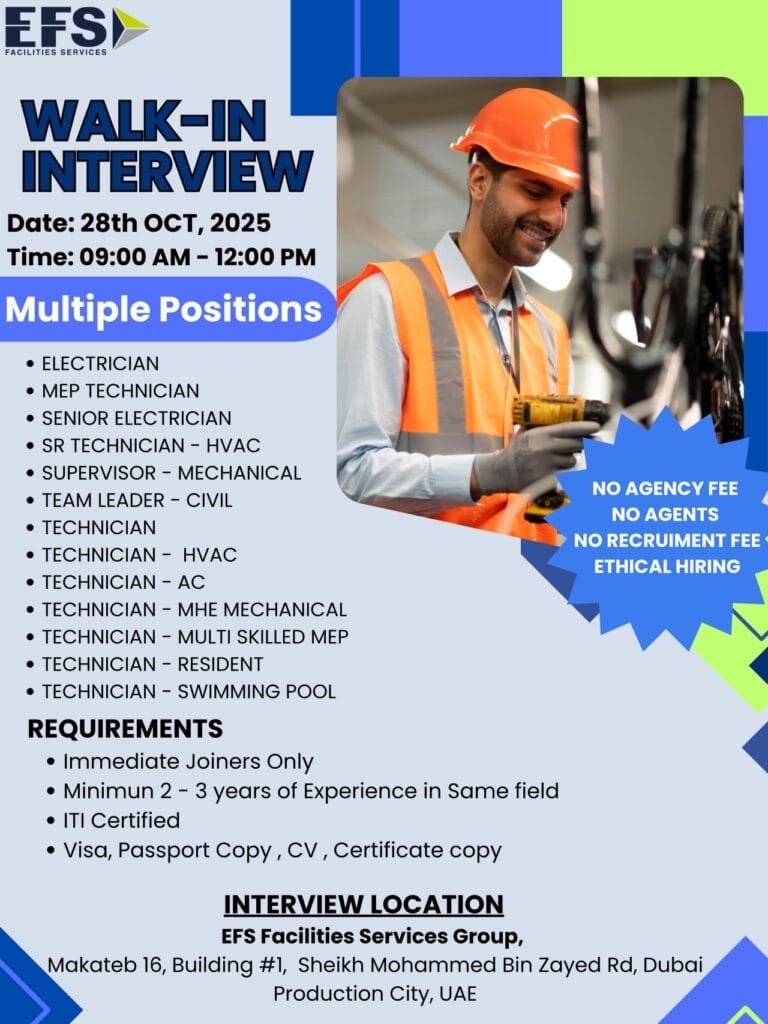 EFS Facilities Services Group Walk In Interview in Dubai – Multiple Technician and Supervisor Jobs (October 2025) 2 EFS Facilities Services Group Walk In Interview in Dubai Multiple Technician Jobs UAE 2025