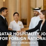 Qatar Hospitality Jobs for Foreign Nationals – 2025 Career Opportunities 11 Hospitality professionals greeting each other in a luxury Doha hotel lobby – Qatar hospitality jobs for foreign nationals 2025
