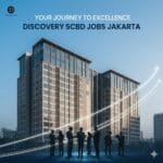 Your Ultimate Invitation to Discovery SCBD Jobs Jakarta 15 Modern office building in SCBD Jakarta with professionals and upward arrows representing Discovery SCBD Jobs Jakarta and career progression.