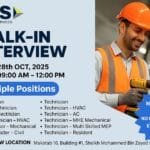 EFS Facilities Services Group Walk In Interview in Dubai – Multiple Technician and Supervisor Jobs (October 2025) 14 EFS Facilities Services Group Walk-In Interview in Dubai 2025 for multiple technician and supervisor positions, including electricians, HVAC technicians, and MEP technicians.