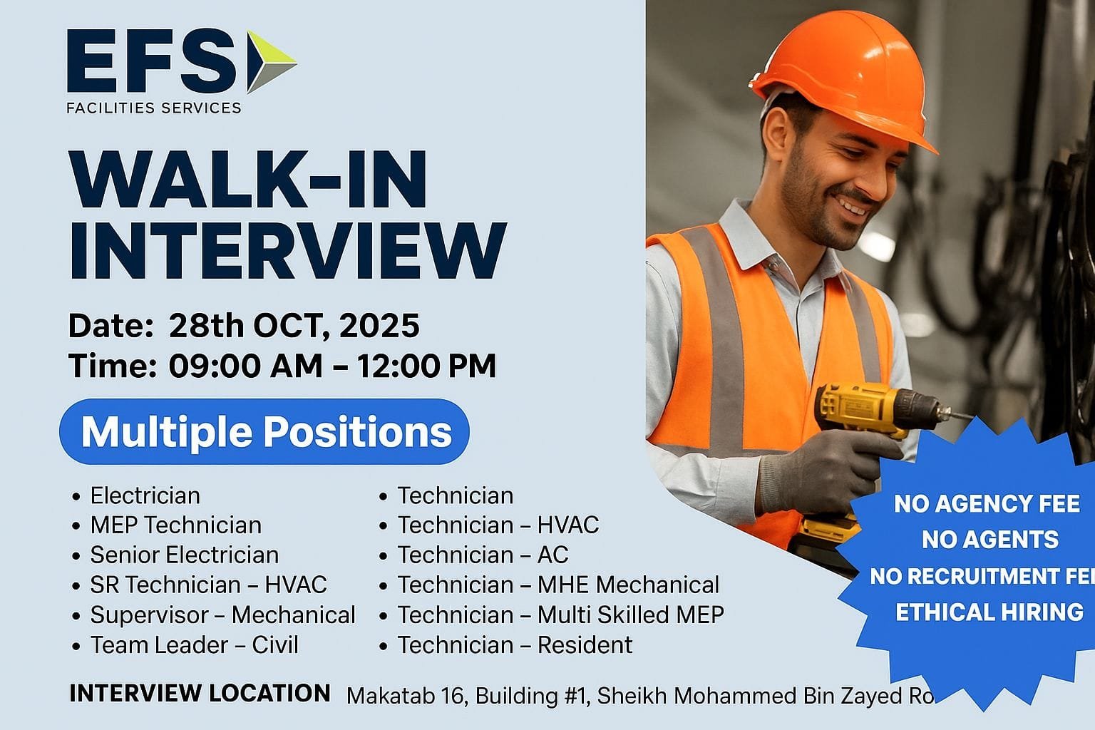 EFS Facilities Services Group Walk In Interview in Dubai – Multiple Technician and Supervisor Jobs (October 2025) 4 EFS Facilities Services Group Walk In Interview in Dubai – Multiple Technician and Supervisor Jobs (October 2025)