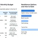 Best Credit Cards and Banking Options for Gulf Hospitality Workers 12 Detailed infographic showing budget planning and monthly remittance chart for Gulf hospitality workers to help manage salary, savings, and expenses.