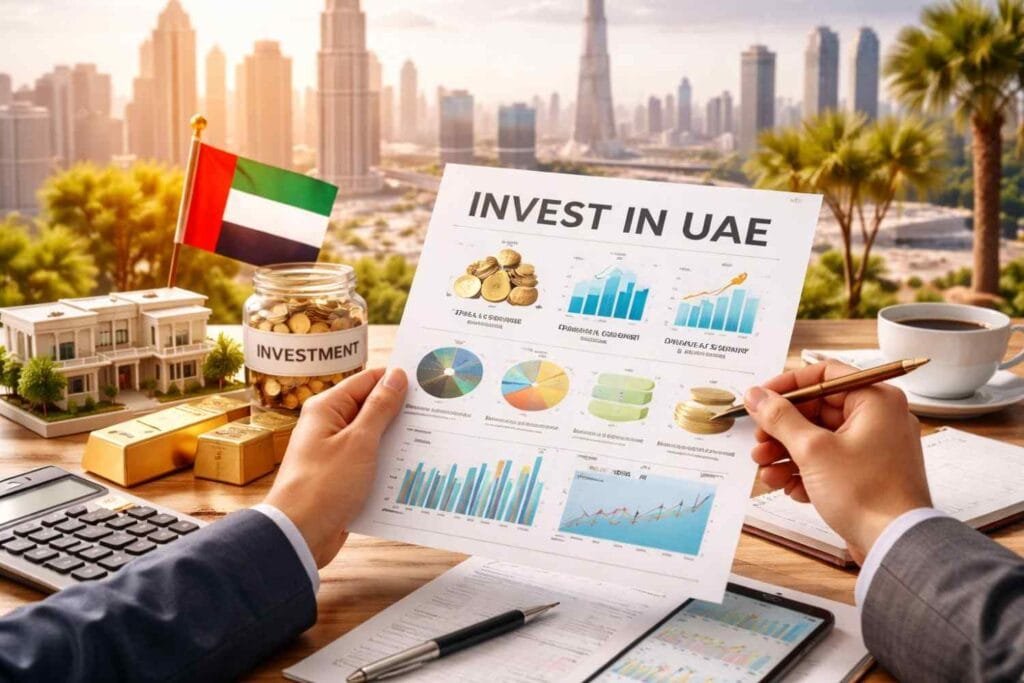 Expat reviewing investment plan in UAE with financial charts