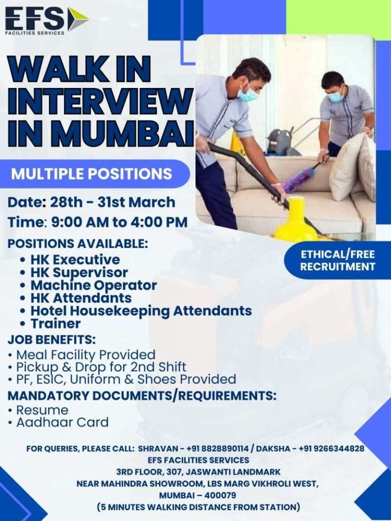 Walk in Interview in Mumbai for Housekeeping Jobs