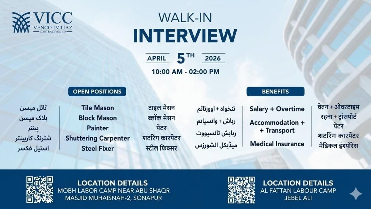 Walk in Interview in Dubai April 2026 – Construction Jobs With Salary, Accommodation and Transport