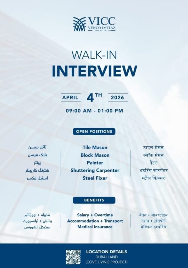 Walk in Interview in Dubai April 2026 for Construction Jobs With Salary and Benefits